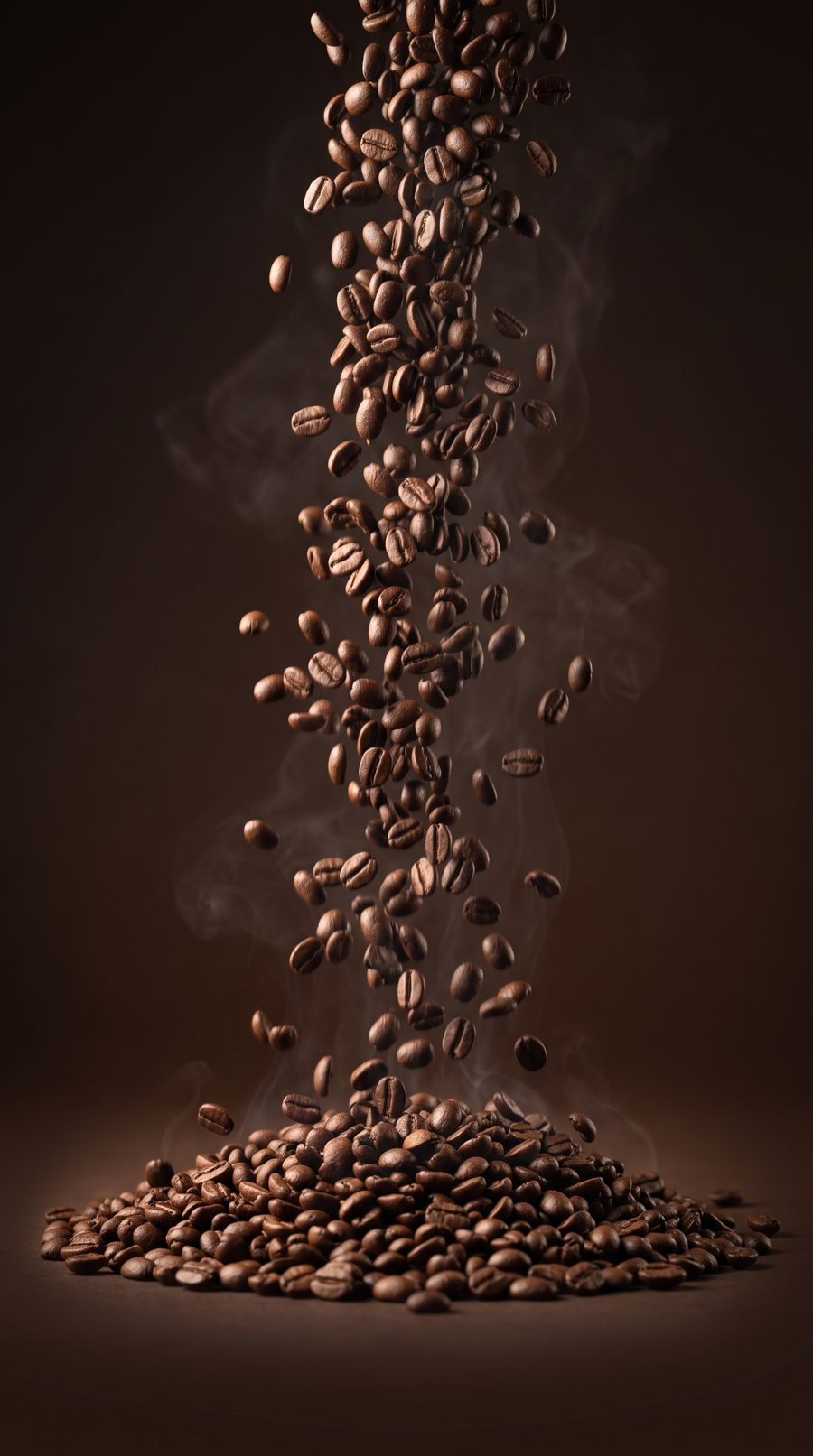 Grãos de café torrados caindo sobre um monte de grãos