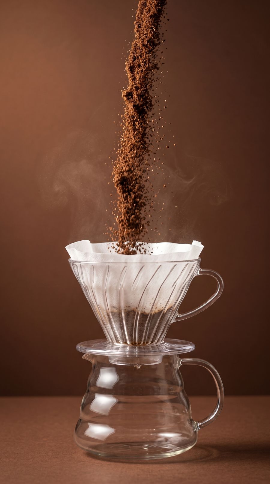 Café moído caindo no filtro de papel do coador de vidro
