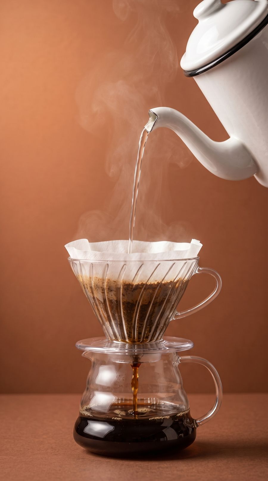 Água quente do bule esmaltado caindo no coador, com café escorrendo na jarra